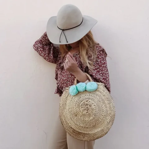 Mint pompom beach basket