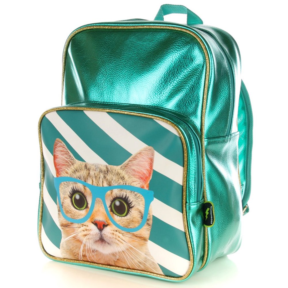 Backpack Cat with blue-green glasses