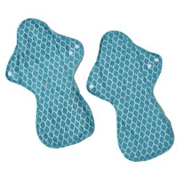 Reusable sanitary pads in various colors and patterns, including teal blue with a honeycomb design and pink and purple patterned pads. These eco-friendly, washable pads are designed for intimate care.