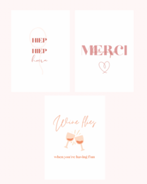 A set of 3 greeting cards with the text "HELP", "MERCI", and "Cheers baby" printed on them in a stylish font. The cards feature a minimalist design with a white background and red or pink text.