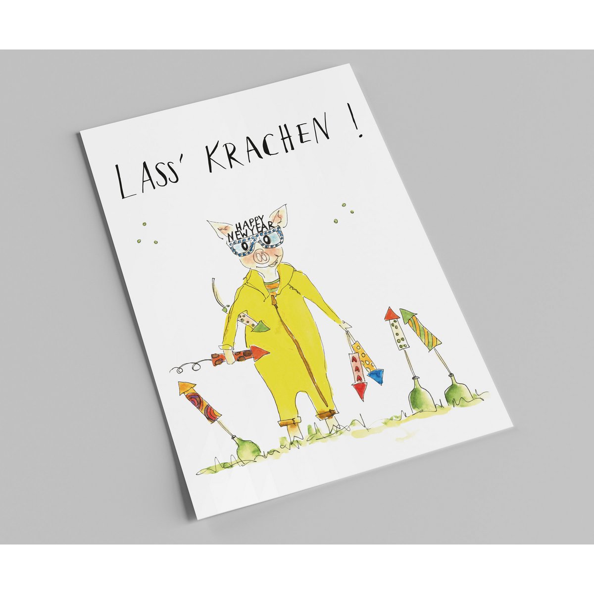 New Year's card | Crazy firecracker pig with rockets | Let it rip