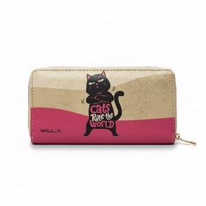 Cat Print Zip Wallet - Slogan Design Purse