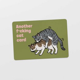 Greeting card with cat illustration, olive green background, funny text "Another f***ing cat card", postcard format.