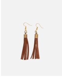 Leather tassel earrings in cognac, black, and off-white colors. Featuring a simple, elegant design with a gold-tone hardware.