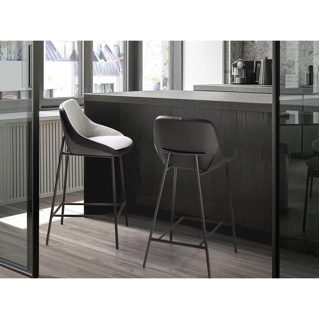 Stool upholstered in fabric and leatherette