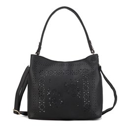 Black and orange perforated leather shoulder bag with studded details, convertible straps, spacious hobo style handbag.