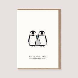 Klappkarte mit Umschlag - "Pinguinfamilie - Wie schön, dass du geboren bist"