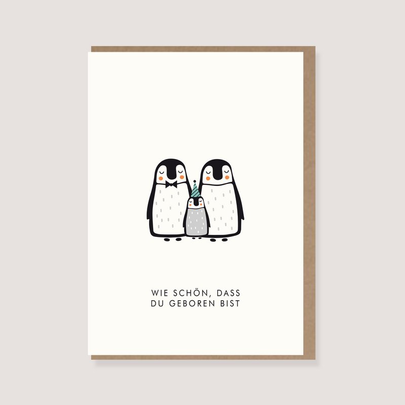 Klappkarte mit Umschlag - "Pinguinfamilie - Wie schön, dass du geboren bist"