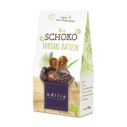 Organic chocolate-covered Sukkari dates, a delightful dried fruit snack with a rich, sweet flavor and a smooth chocolate coating.