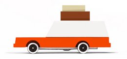  Orange and red toy luggage wagon with stacked cargo boxes, colorful stacking car toy.