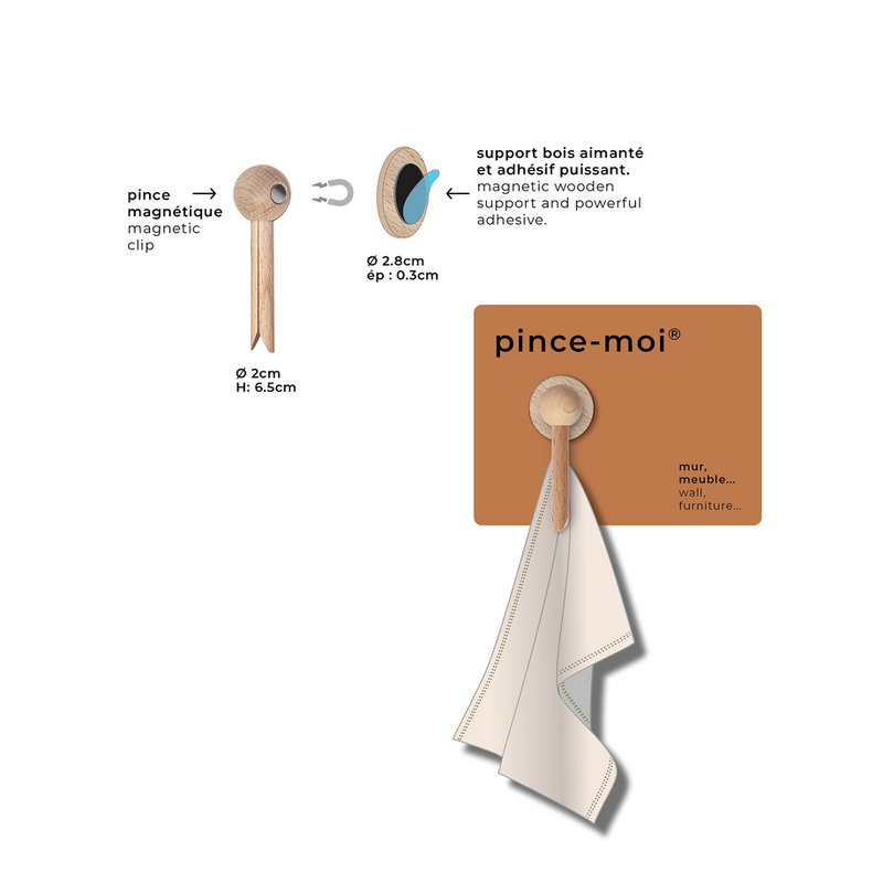 Clip magnetica in legno "Pinch me" per appendere strofinacci - 4 colori