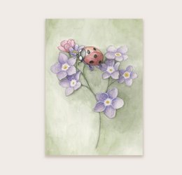 Postal mariquita con flores.