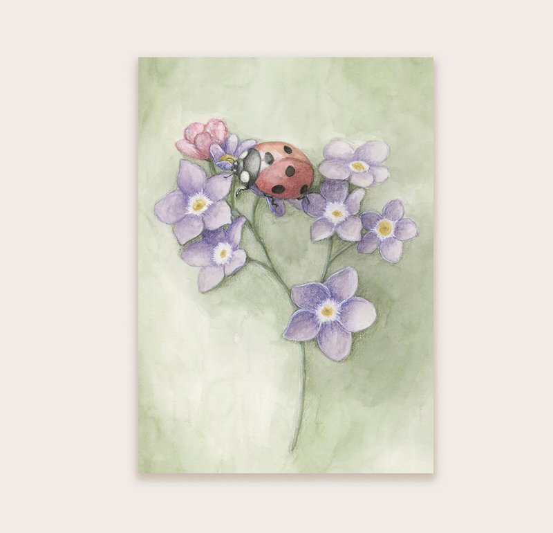 Postal mariquita con flores.