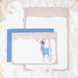 Wenskaart hert in de sneeuw (blauwe envelop)