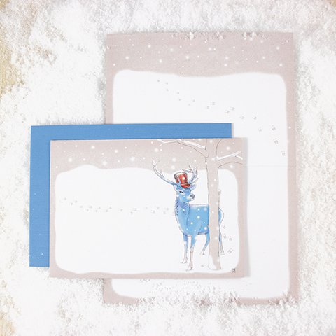 Wenskaart hert in de sneeuw (blauwe envelop)