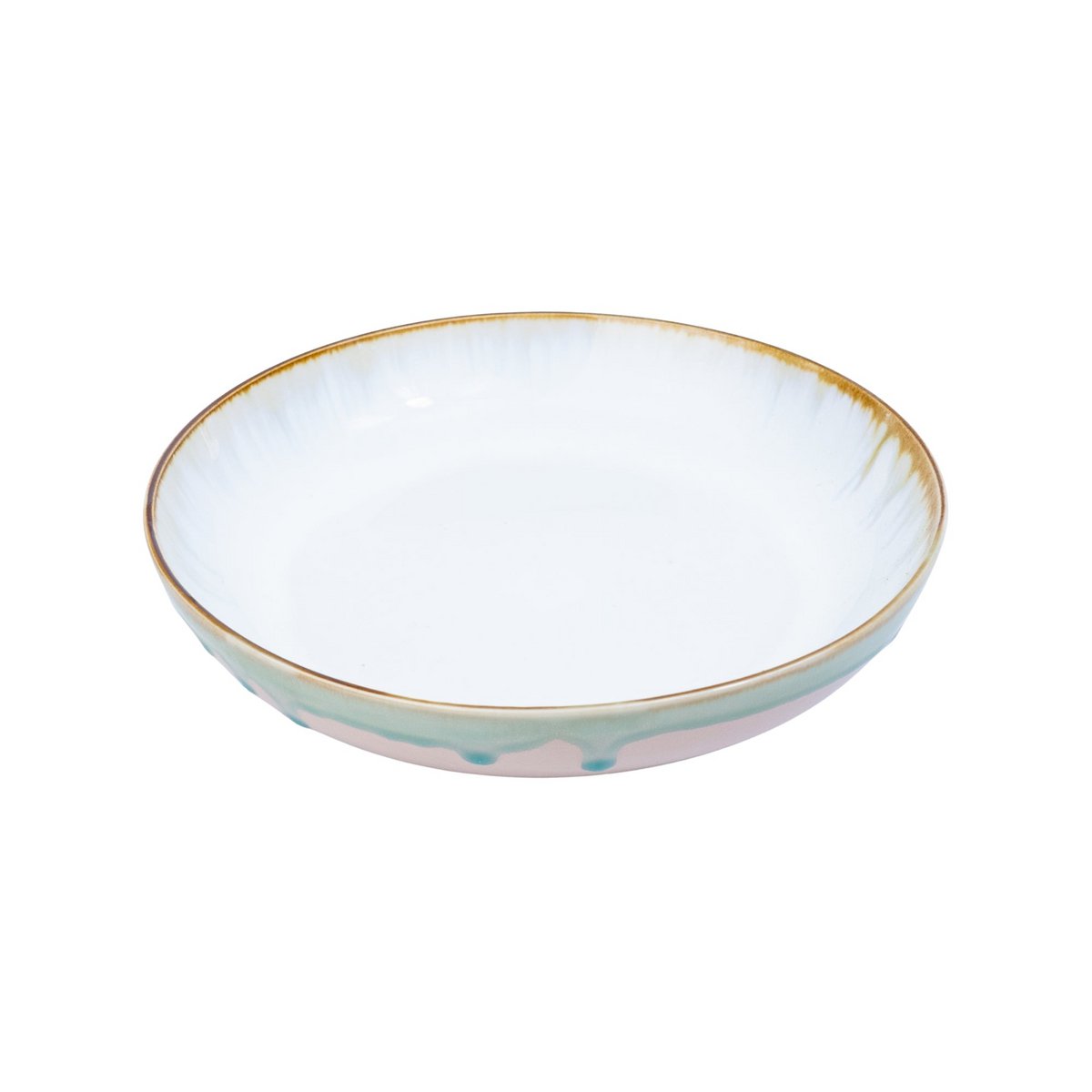 Medium rond keramisch bord - wit met groene en roze details, 21,5 cm