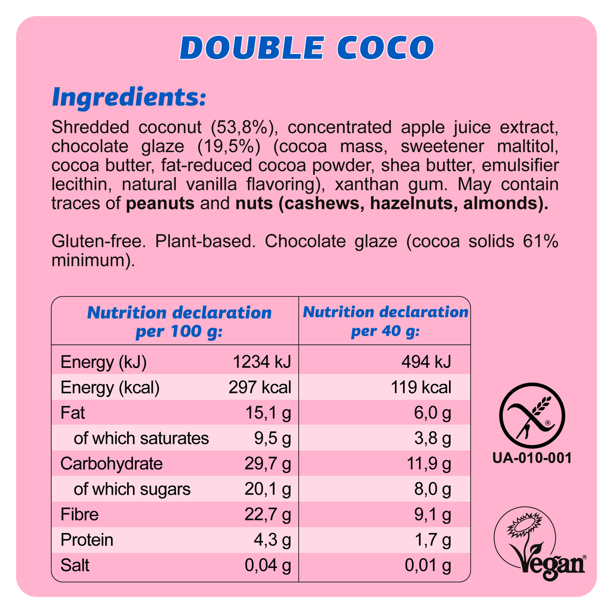 Vegan Gluten Free Bar "Double Coco" 40G