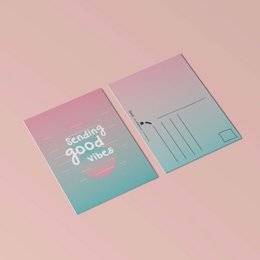 A greeting card with a simple, minimalist design featuring a pink and blue gradient background and a heart-shaped graphic.