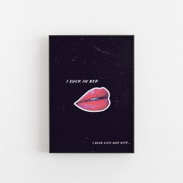 Wall art print featuring a bold red lip design with the text "I suck in bed". Available in various sizes from A5 to A2.