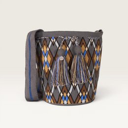 Geometric patterned crossbody bag, diamond print, blue orange black, woven textile, tassel detail.
