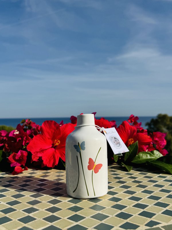 Handgemachte Ölflasche Ölspender Ölkännchen Keramikflasche mit Grafik für Olivenöl & Essig aus Italien 250ml