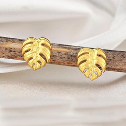 Orecchini a bottone con foglie Monstera - Placcati in oro 925 - Orecchini con foglie esotiche - OHR925-76