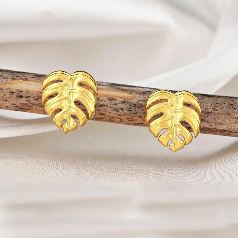 Orecchini a bottone con foglie Monstera - Placcati in oro 925 - Orecchini con foglie esotiche - OHR925-76