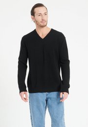 Black cashmere V-neck sweater for men, available in sizes S, M, L, XL, 2XL.