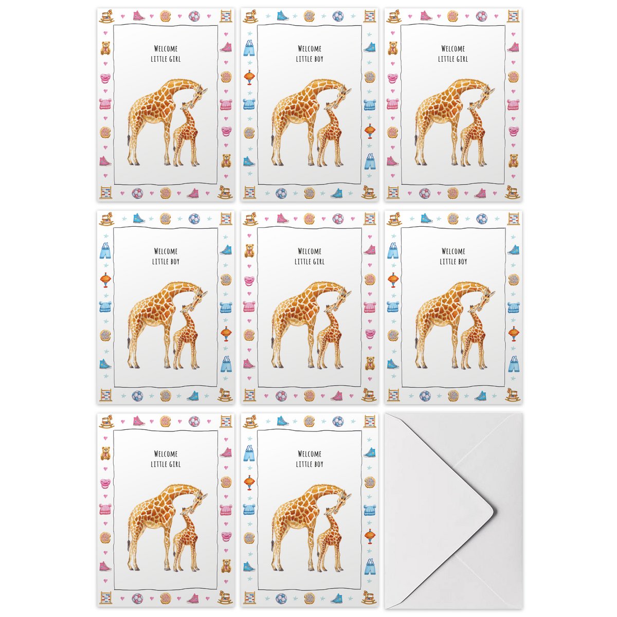 10 biglietti augurali bimbo + bimba con busta - dipinti a mano - cartolina - giraffa mamma e bebè - regalo maternità - formato A6