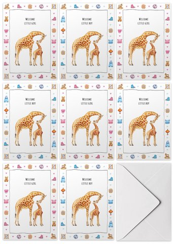 10 wenskaarten baby jongen + meisje met envelop - handgeschilderd - ansichtkaart - giraf mama en baby - kraamcadeau - A6 formaat