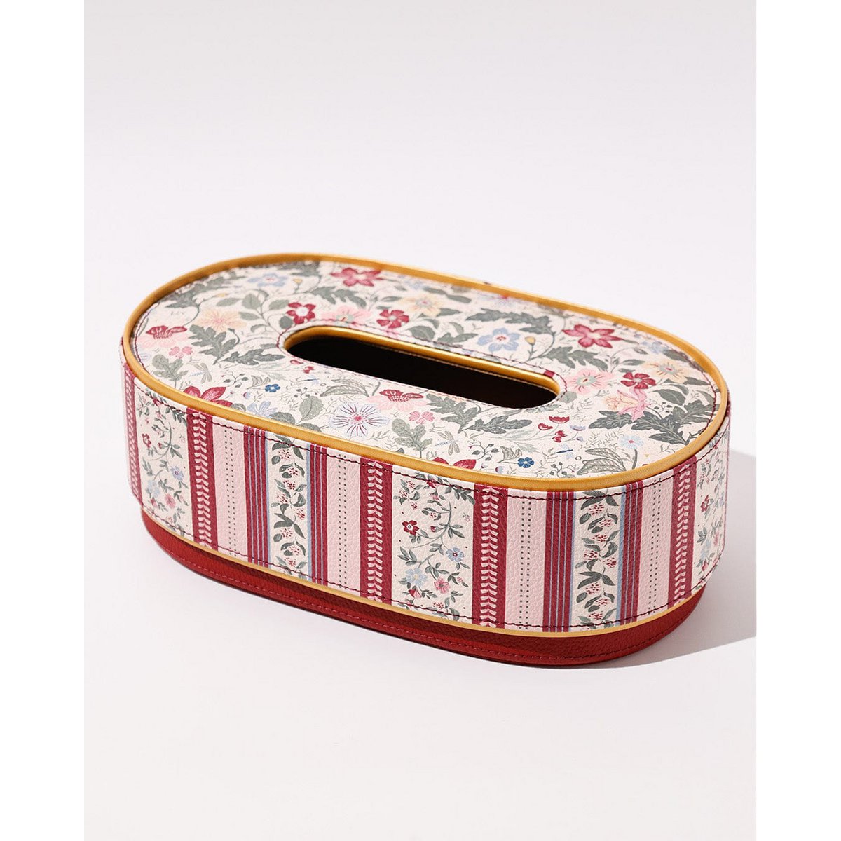 Vegan Leather Oval Tissue Box - Floral & Striped Pattern