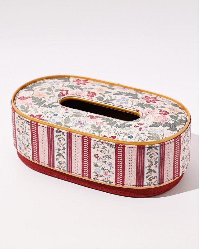 Vegan Leather Oval Tissue Box - Floral & Striped Pattern