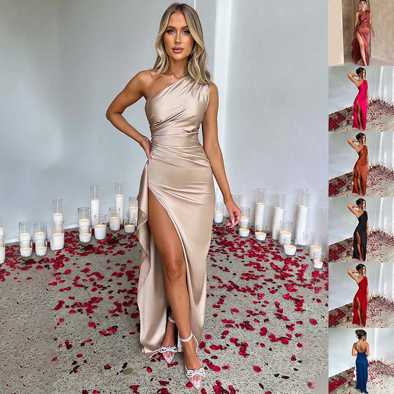 Sexy One-Shoulder-Kleid mit rückenfreiem Schlitz und Sommer, elegant, schmal geschnitten, einfarbig, Satin-Kleider für Damen