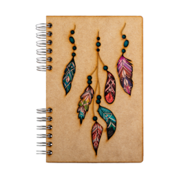 Wooden notebook with colorful feather dreamcatcher design, spiral-bound, eco-friendly recycled paper.