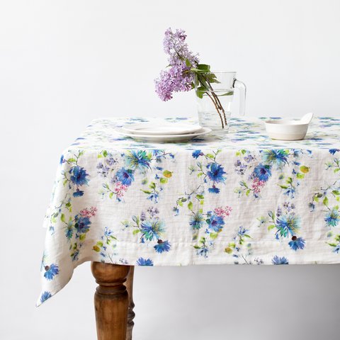 Witte bloemen linnen tafelkleed