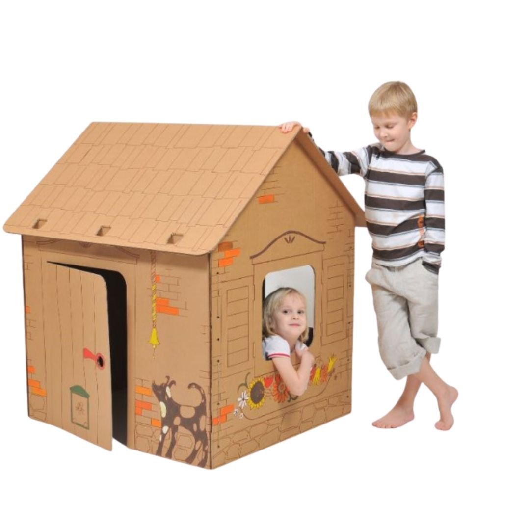 Kartonnen speelhuis Cabine met contouren van leuke dieren, bruin, groot, doe-het-zelf, om te schilderen, 3+ jaar
