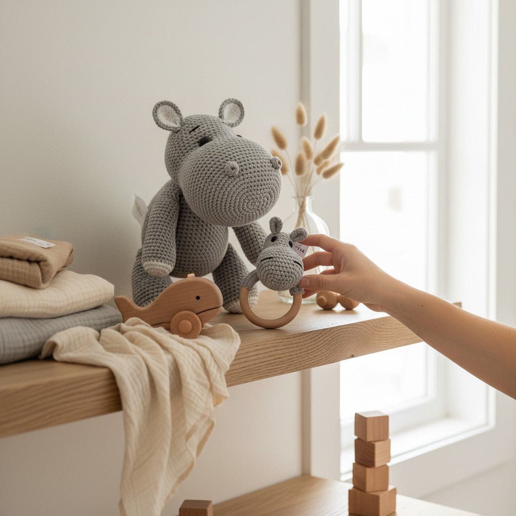 Nuvinokids® Handmade Hippo Cuddly Toy and Teething Set made of 100% Cotton