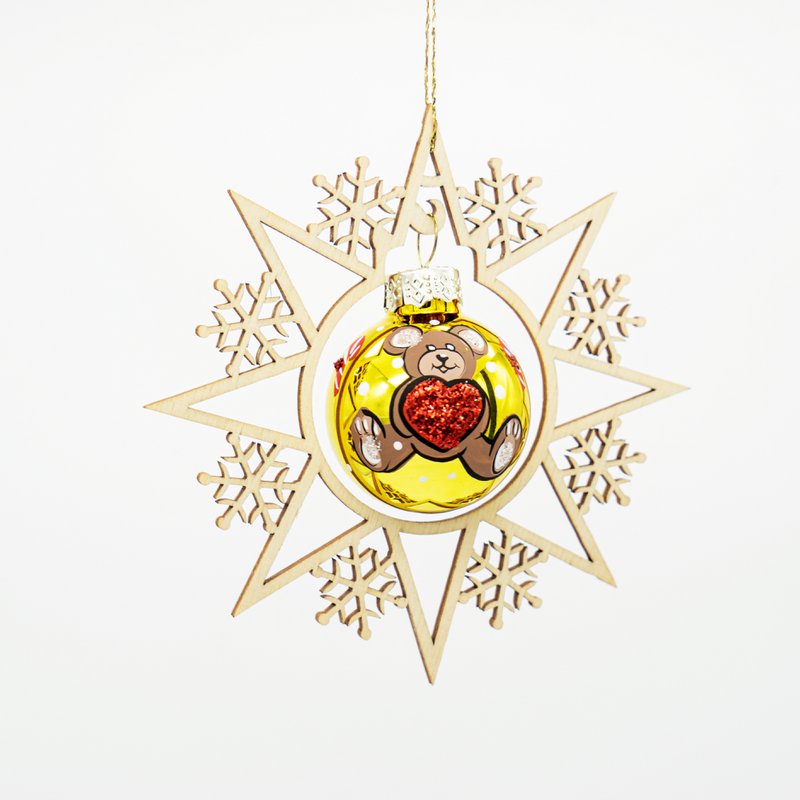 Wooden star and Christmas ball Teddy and heart
