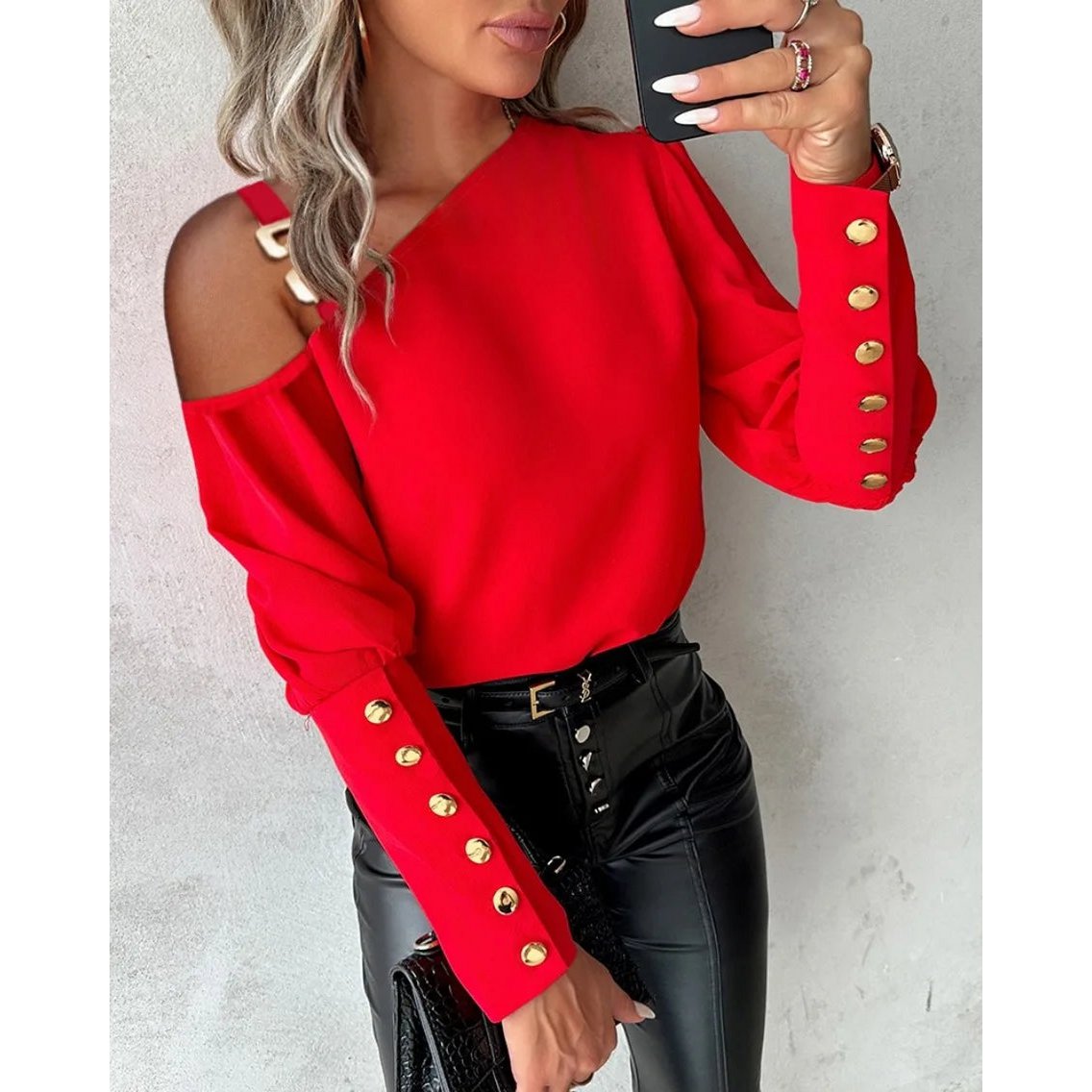 Mode lanterne manches bouton épissage chemise femmes élégant bureau banlieue O cou Blouse femme automne printemps quotidien décontracté hauts