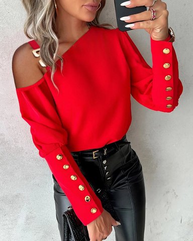 Mode Lantaarn Mouw Knop Splicing Shirt Vrouwen Elegant Kantoor Commuter O Hals Blouse Vrouwelijke Herfst Lente Dagelijks Casual Tops