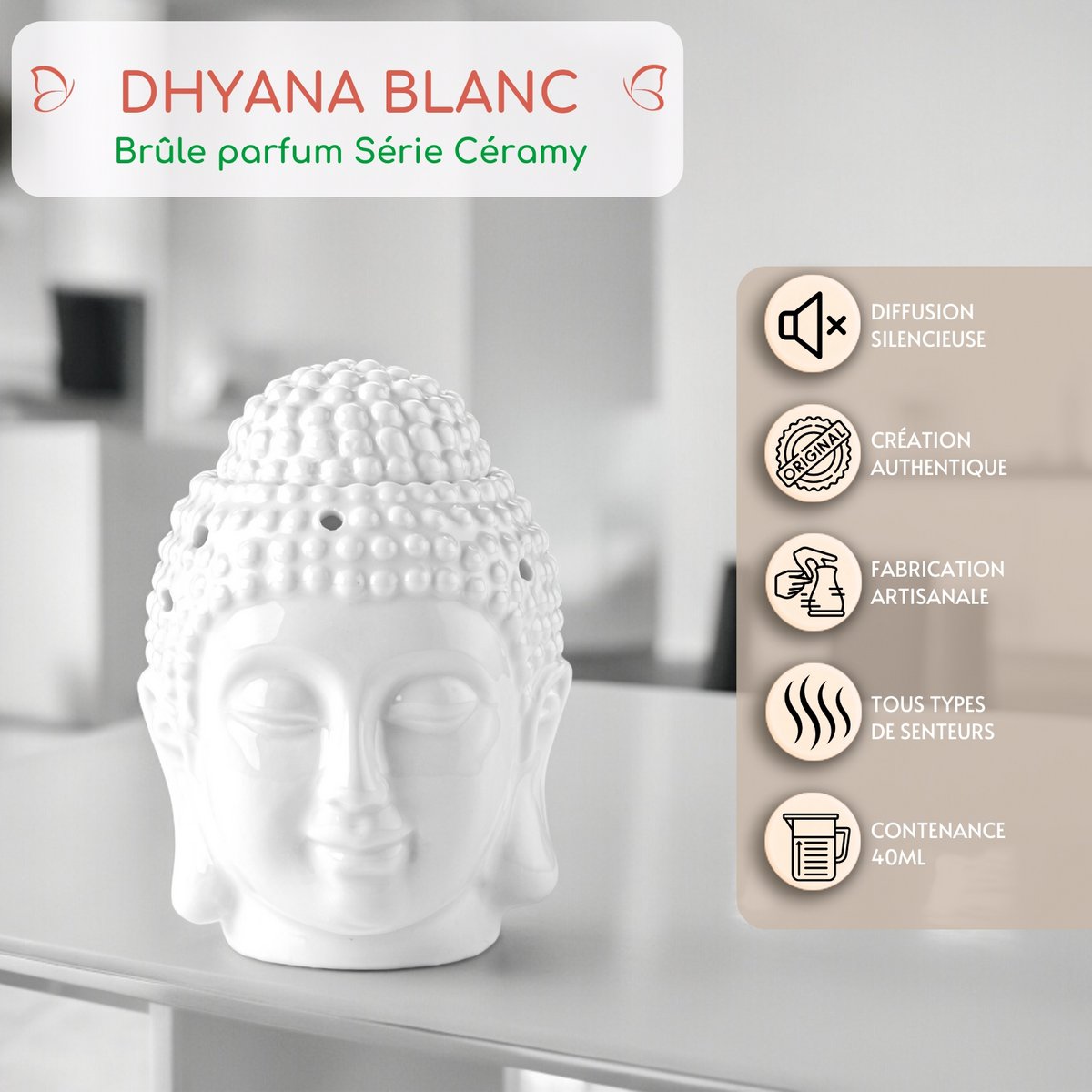 Bruciatore di profumo in ceramica Buddha Dhyana bianco - Atmosfera profumata - Oggetto di artigianato Zen - Aromaterapia facile - Bruciatore per fondente profumato - Decorazione FengShui - Testa di Buddha