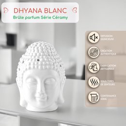 Brûle-Parfum Céramy Bouddha Dhyana Blanc - Atmosphère Parfumée - Objet artisanal Zen -Aromathérapie facile - Brûleur Fondant parfumé - Déco FengShui - Tête Bouddha