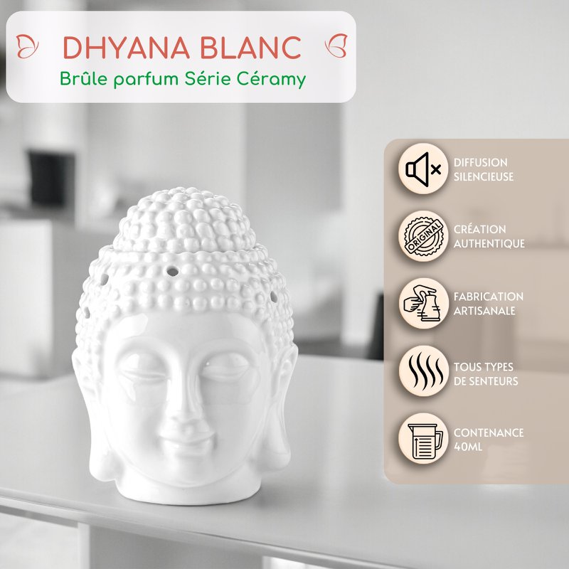 Brûle-Parfum Céramy Bouddha Dhyana Blanc - Atmosphère Parfumée - Objet artisanal Zen -Aromathérapie facile - Brûleur Fondant parfumé - Déco FengShui - Tête Bouddha
