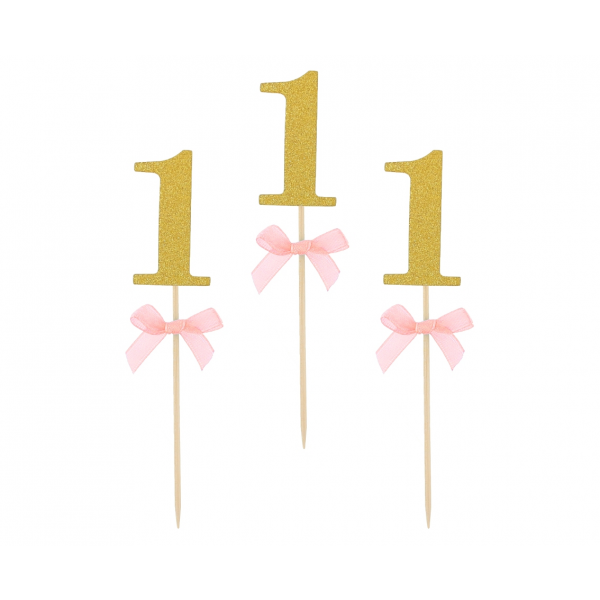 Prikkers 1 goud met roze strikje - 10 stuks