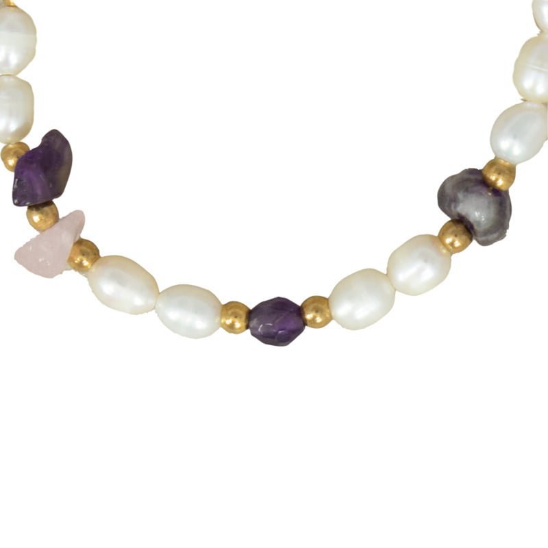 Edelsteen armband | Parel/Amethist/Rozenkwarts | rvs goud