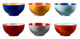 Set of 6 breakfast bowls, Ø 14cm, in various colors including blue, yellow, and red. The bowls have a simple, modern design with a smooth, glazed finish.