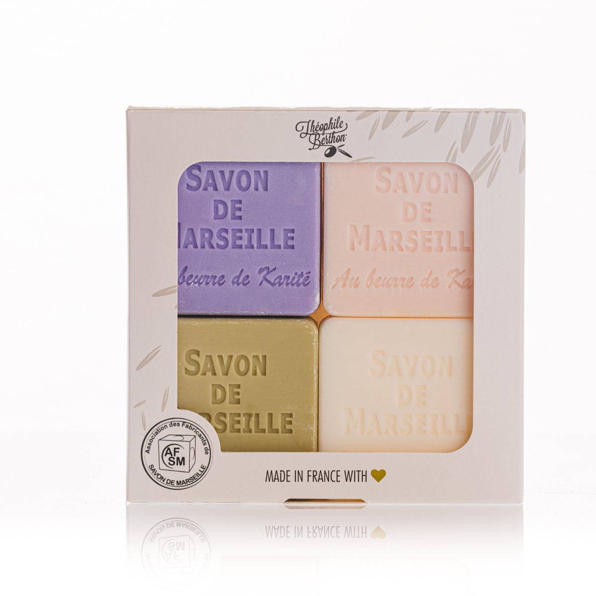 Pudełko 4 mydeł marsylskich 50g - Z organicznym masłem shea - Zapachy oliwki, konwalii, róży i lawendy
