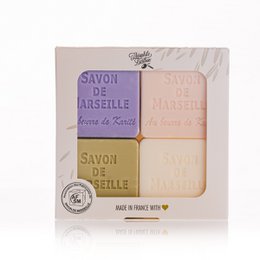 Scatola da 4 saponi di Marsiglia 50g - Con burro di karitè biologico - Profumi di Oliva, Mughetto, Rosa e Lavanda