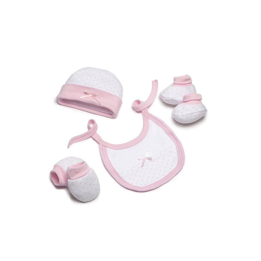 SET 4 STUKS (MUTS+HANDSCHOENEN+SLABBER+SOKKEN) VOOR NIEUWBORGEN (0-6 MAANDEN) - 100% KATOEN - MOD. ROZE