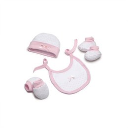 SET 4 STUKS (MUTS+HANDSCHOENEN+SLABBER+SOKKEN) VOOR NIEUWBORGEN (0-6 MAANDEN) - 100% KATOEN - MOD. ROZE